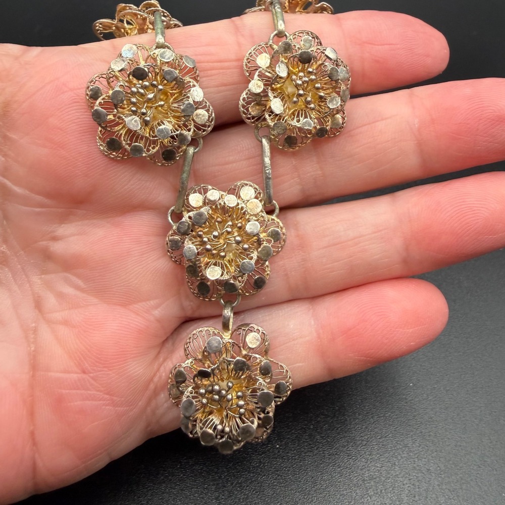 Vintage Flower Filigree Necklace Sterling Silver Floral Drop Antique 16 Inch - Picture 6 of 16